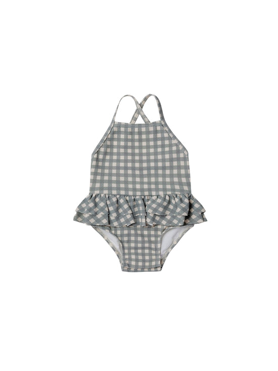 Quincy Mae - Ruffled One-Piece Swimsuit (Sea Green Gingham)