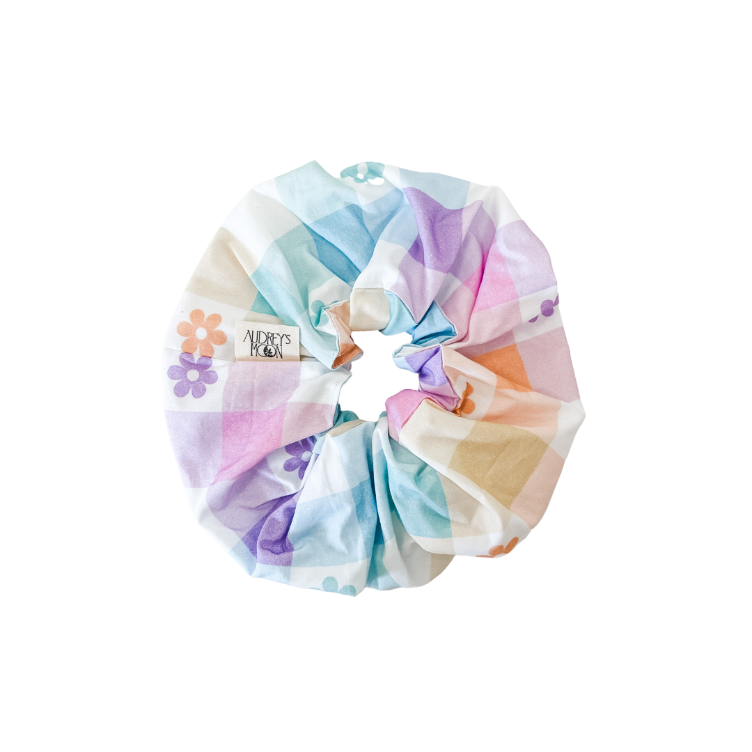 Load image into Gallery viewer, Audrey&amp;#39;s Moon - Jumbo Scrunchie (Rainbow Daisy Gingham)
