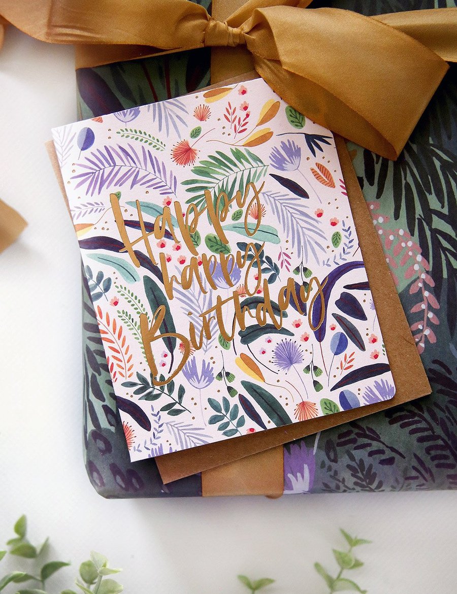Load image into Gallery viewer, Bespoke Letterpress Jungle &amp;#39;Happy Happy Birthday&amp;#39; Card
