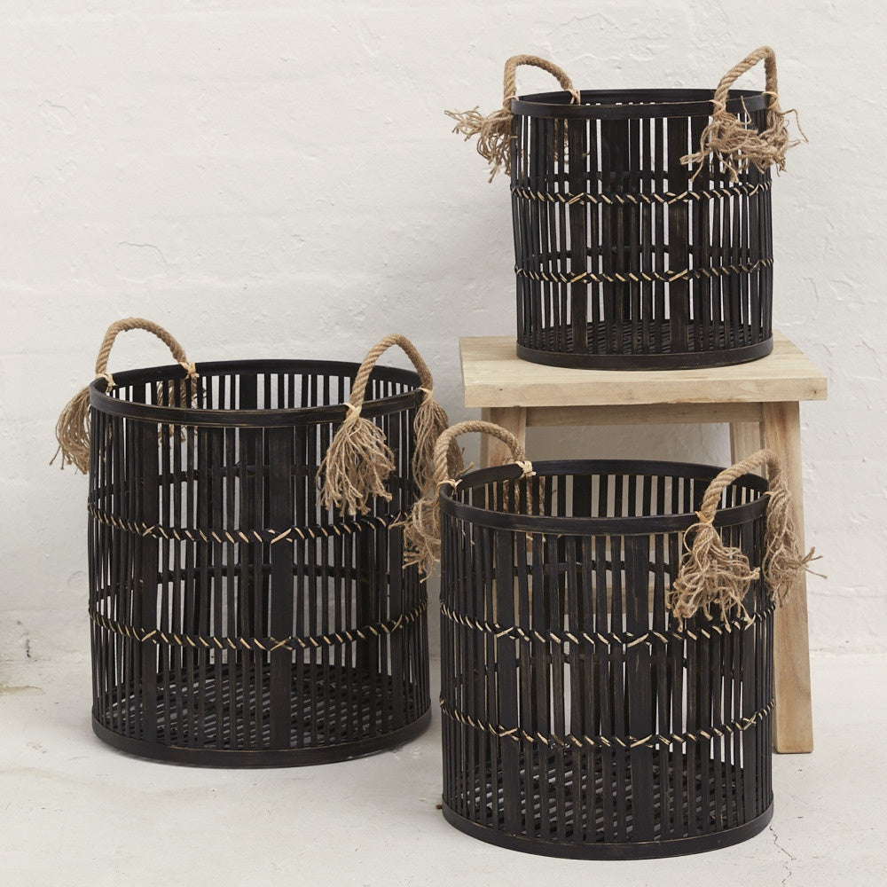 Inartisan - Lali Black Rattan Basket with Rope Handles (Size Options)